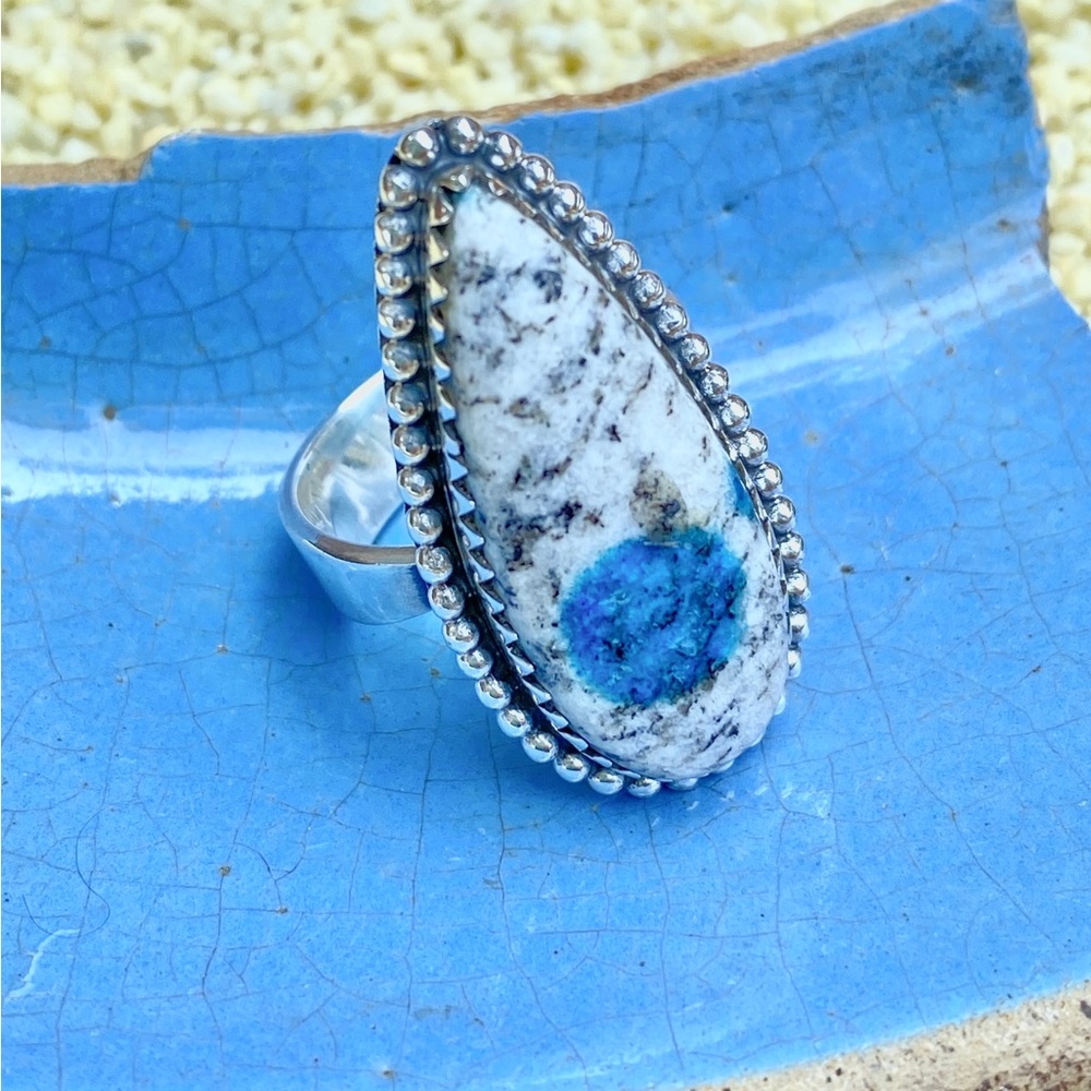 K2 Jasper Gemstone white Granite & Azurite, Statement ring, .925 Sterling Silver